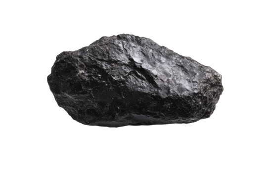 rough irregularly shaped piece of black rock likely coal or a similar mineral set against a white background emphasizing its texture and natural form
