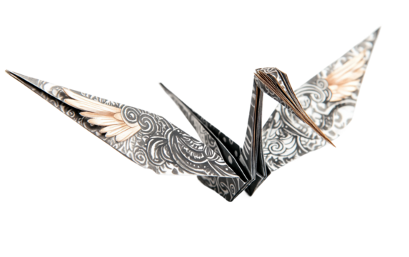 A beautifully textured artistic representation of a paper crane carrying symbolic meaning Isolated on transparent background.