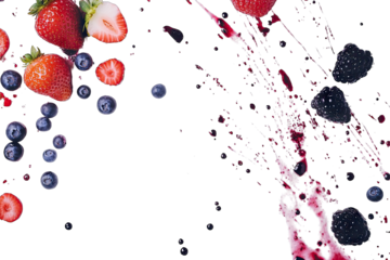 arrangement of strawberries blueberries and blackberries with berry juice splatters on a white surface evoking a fresh and artistic food presentation