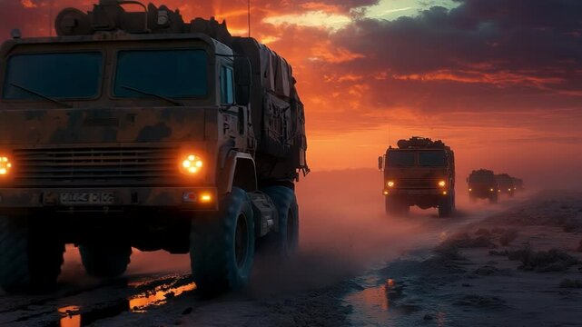Convoy's Journey Through Dusk: A convoy of military trucks traverses a dusty road under a fiery sunset, their headlights cutting through the haze, evoking a sense of purpose and resilience.
