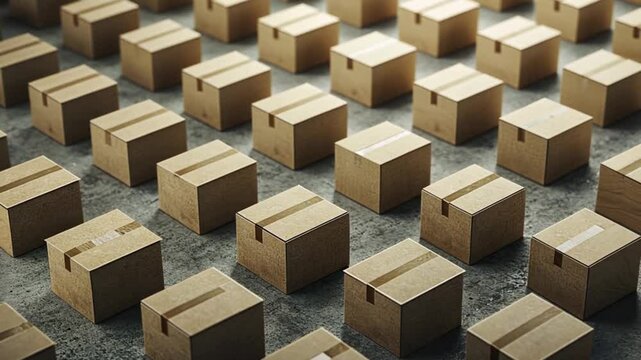 Aerial view of neatly arranged cardboard boxes on a concrete surface in a warehouse setting