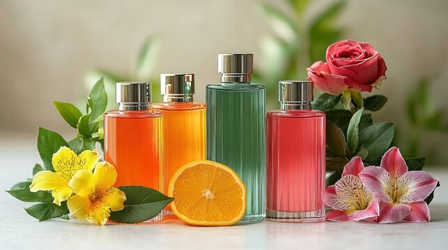Colorful perfume bottles, floral arrangement, and citrus fruit