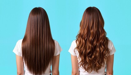Fototapeta premium Women showcasing straight and wavy hair against a blue background 