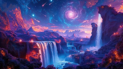 Naklejka premium Surreal alien landscape cascading waterfalls, galaxy nightscape