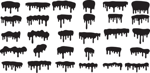 Dripping symbols set. Liquid ink, paint drip and drop. Oil, blood, water etc