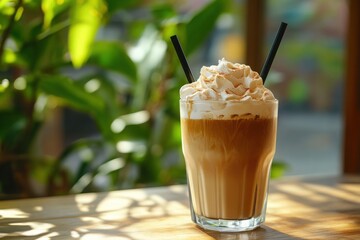 Iced coffee with whipped cream and straws on a table with green background