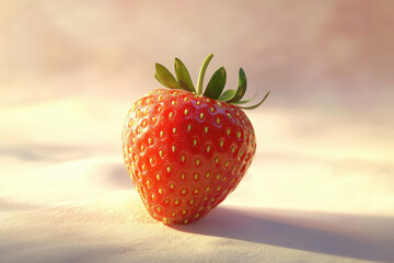 A single, ripe strawberry sits on a soft, light-colored surface, bathed in warm, golden light.