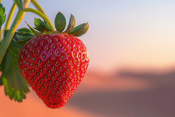 A ripe, red strawberry hangs from its plant, bathed in the warm glow of sunrise.