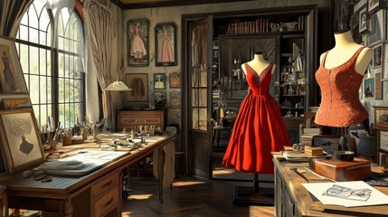Obraz premium A tailor's workshop: inside, you'll find a work area, a dress form, and design drawings. 