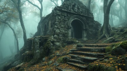 Naklejka premium Enchanted Forest Ruins with Mossy Steps and Foggy Atmosphere