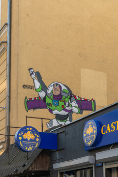 3 march 2025, Poznan, Poland. Mural, wall painting, city street art, graffti, Buzz lightyear on side of a house.