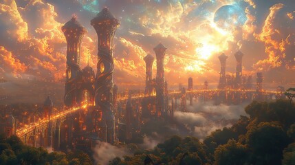 Futuristic cityscape apocalyptic orange sunset, generative ai