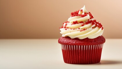 Delicious red velvet cupcake with cream cheese frosting on beige background
