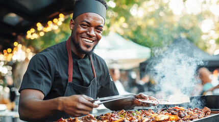 Portrait of young man at work, cooking street food outside. 