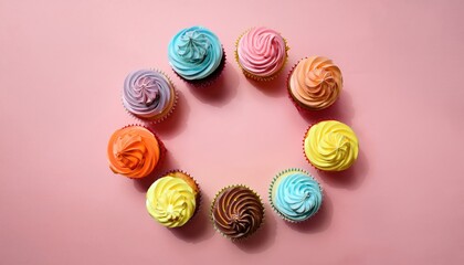 Obraz premium Colorful assorted cupcakes with swirled frosting on pink background