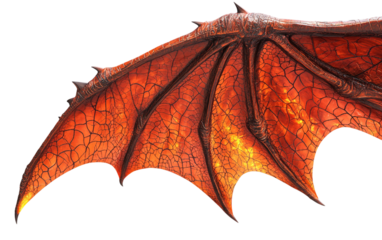 A highly detailed illustration of a dragon wing with blazing fiery patterns Isolated on transparent background.