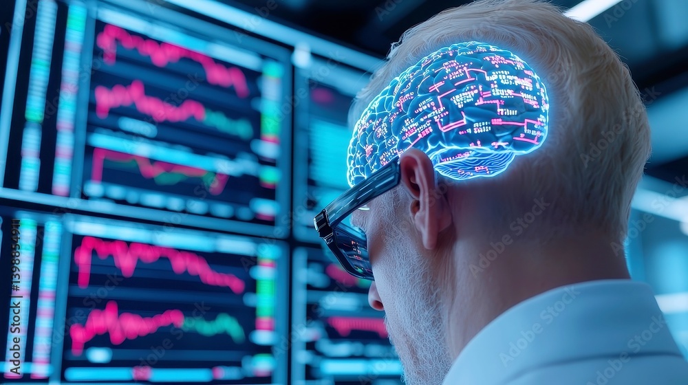 Poster businessman engaged with brain-computer interface, analyzing real-time probabilities in ai-driven si
