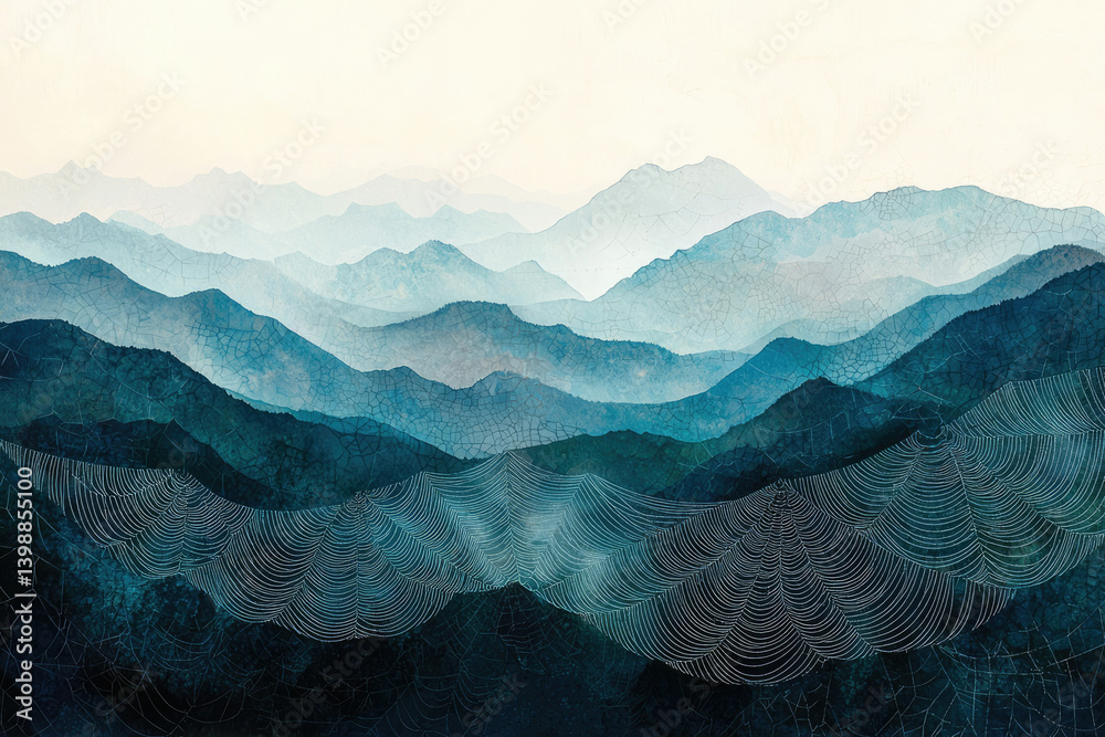 Poster serene watercolor landscape depicting layered teal mountains with delicate spiderweb patterns, creat