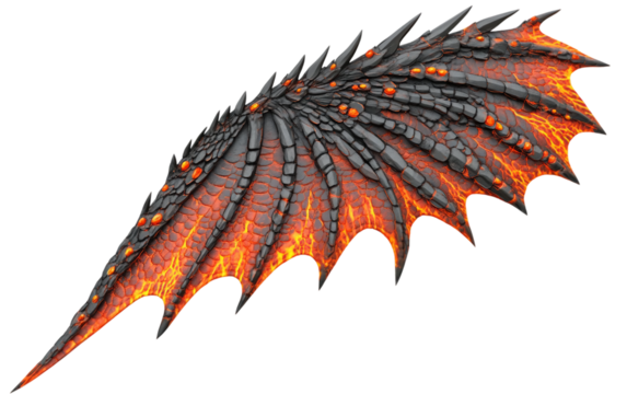 A realistic rendering of a dragon wing with molten veins and sharp edges Isolated on transparent background.