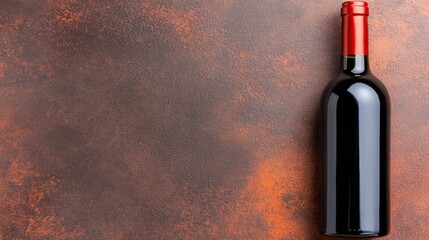 A bottle of red wine is on a table. The bottle is red and has a red cap. The table is made of wood and has a brown color