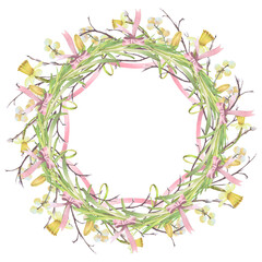 Easter wreath frame of twigs and spring flowers. watercolor illustration isolated set on white. Narcissus and willow, buds hand drawn pastel tones for Easter cards, packaging and festive decor