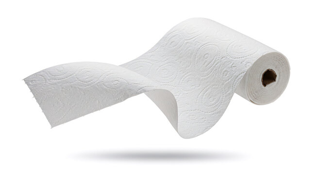 Rolled paper towel unraveling in air, soft disposable material isolated on pure white, dynamic motion, clipping path included