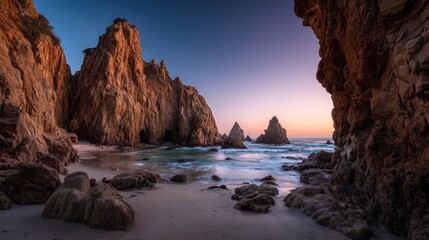 Sunset coastal landscape rugged cliffs, crashing waves, peaceful beach