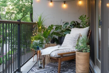 Fototapeta premium Compact urban balcony with a comfortable lounge chair, side table, and string lights overhead 