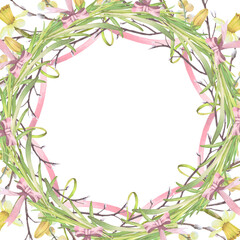 Easter wreath frame of twigs and spring flowers. watercolor illustration isolated set on white. Narcissus and willow, buds hand drawn pastel tones for Easter cards, packaging and festive decor