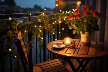 Romantic small balcony with fairy lights, a small bistro set, and a flowering plant arrangement