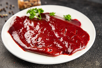 Raw liver beef veal meat steak liver grill dish fresh gourmet food background on the table rustic food top view copy space keto and paleo diet