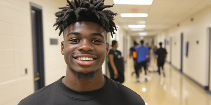 A young man with dreadlocks is smiling in a hallway. He is wearing a black shirt and he is happy