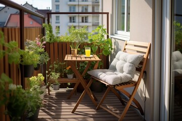 Fototapeta premium Small balcony with a folding chair, a side table, and a few potted plants for a minimalist look