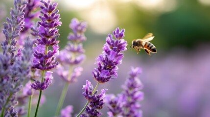 Bee flying near lavender in morning light, pollination, biodiversity, garden harmony