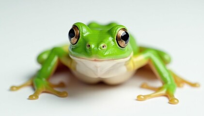 Fototapeta premium Close-up of a vibrant green frog against pure white, frog isolated, studio