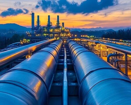 Industrial Pipelines and Processing Plant at Dusk