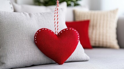 A red heart is hanging from a pillow on a couch. The heart is made of yarn and is hanging from a string. The couch is covered in pillows, with one of them being a red pillow