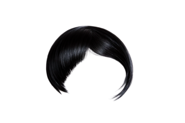a stylized black hairpiece with a unique asymmetrical cut showcasing glossy sleek strands that suggest a fashion or costume accessory