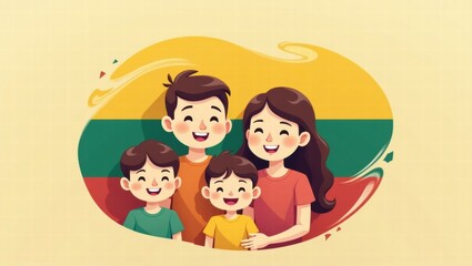 Family of Four Smiling Together in Colorful Background  