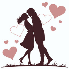 Romantic Couple Silhouette Embracing with Hearts Love Vector Graphic
