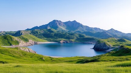 Coastal Bay Mountain Landscape Vivid Scenery High-Definition Wide Shot Lush Grasslands Tranquil Vista Mountain Range Background Serene Blues Travel Brochure