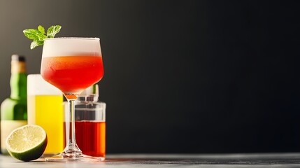A refreshing summer cocktail garnished with mint sits on a dark surface next to a bottle, a beer glass, and a lime wedge creating a vibrant bar scene perfect for summer promotions.