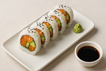 This image shows a neatly arranged sushi roll on a sleek white plate. The sushi rolls feature fresh salmon and cucumber, topped with sesame seeds. A dollop of wasabi and a small bowl of soy sauce acco