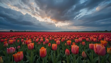 Blooming Tulip Field Under Dramatic Sky at Dusk