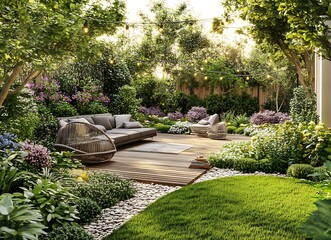 3D rendering of a modern garden house with a wooden terrace and outdoor furniture in lush, tropical greenery