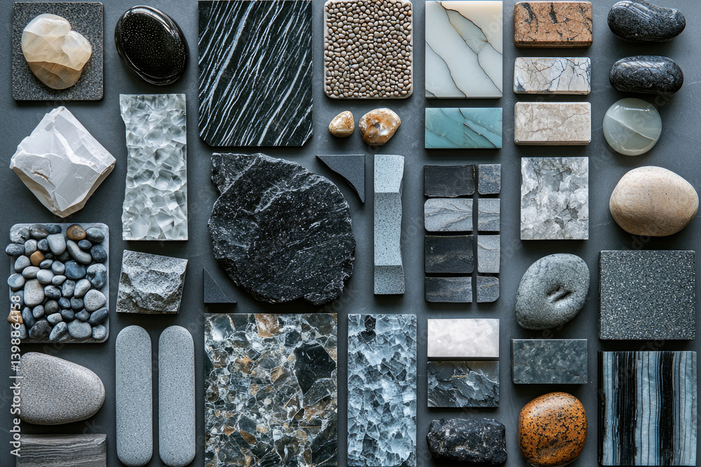 Poster a collection of various stones and rocks in different shapes, sizes, and textures, arranged on a gra