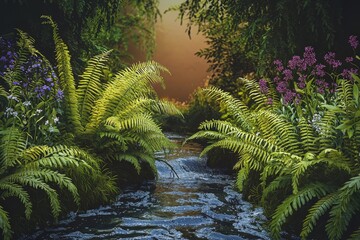 Serene forest stream lush greenery, wildflowers, tranquil nature scene