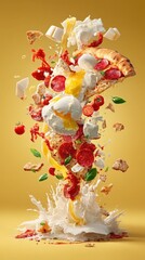 Floating pizza ingredients tomato, cheese, and herbs explosion