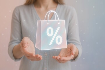 Woman presenting a floating holographic shopping bag featuring a percentage symbol, illustrating concepts of online shopping, discounts, and enticing sales in a digital marketplace