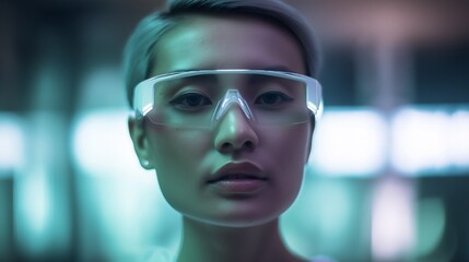 Close-up portrait of a scientist wearing futuristic glasses in a laboratory setting, illuminated by teal and purple lights, conveying a sense of advanced technology and research